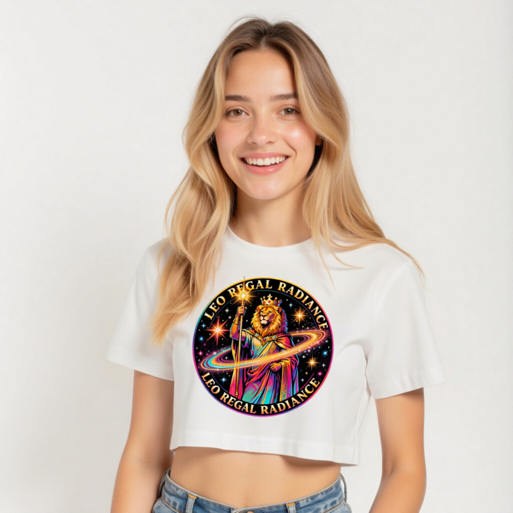 Women's Crop Top - Leo Regal Radiance Lion King Design, Neon Galaxy Print - Image 5