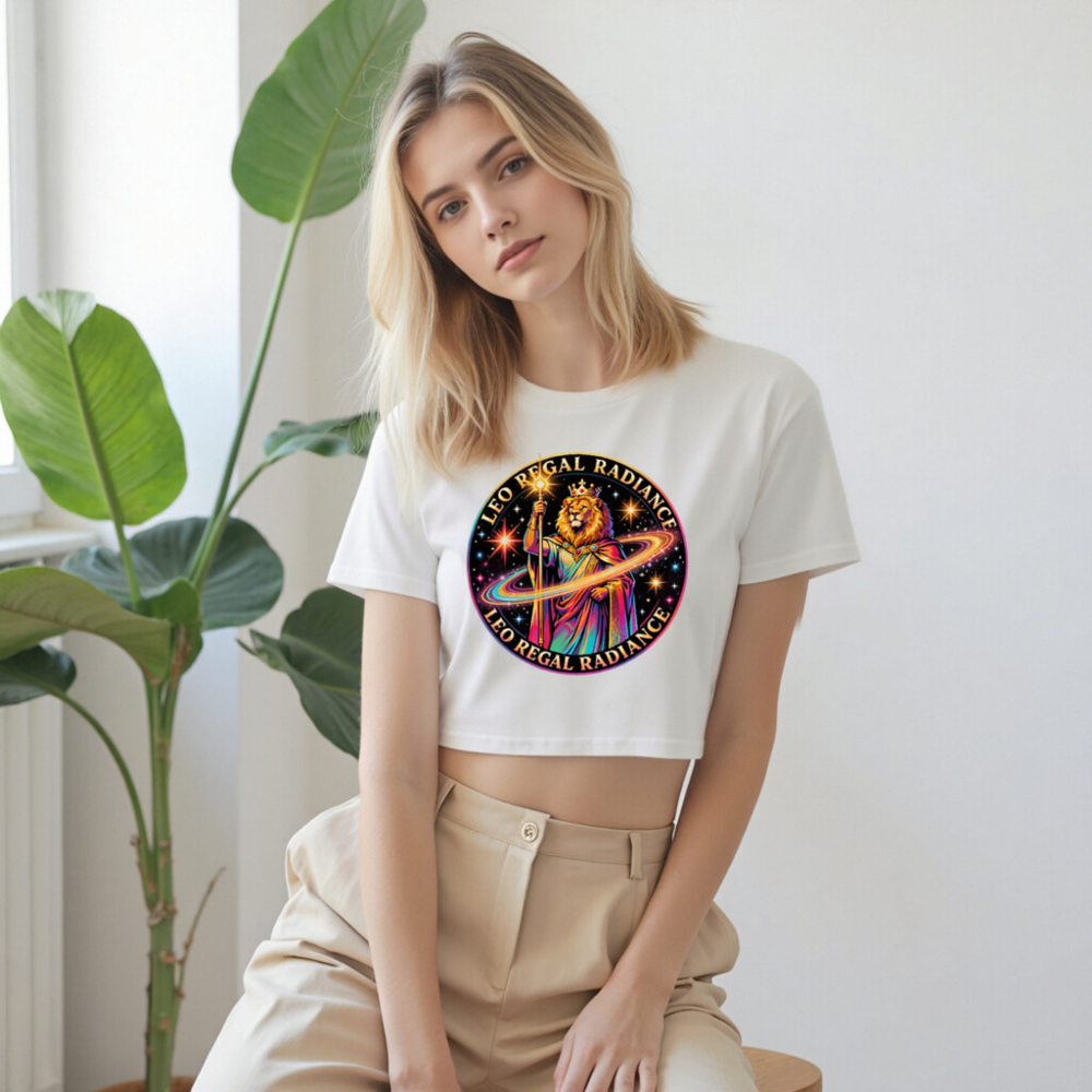 Women's Crop Top - Leo Regal Radiance Lion King Design, Neon Galaxy Print - Image 8