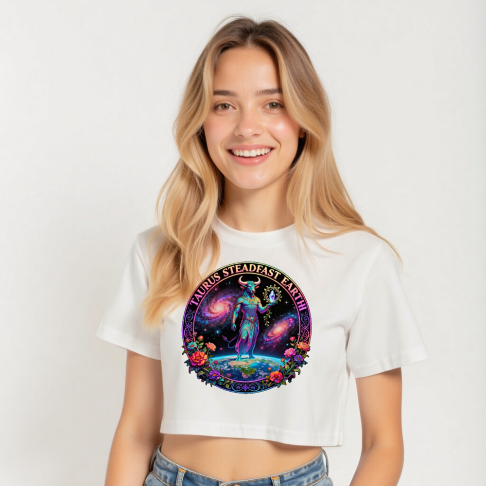 Taurus Steadfast Earth Women's Crop Top - Cosmic Bull, Galaxy & Floral Design - Image 5
