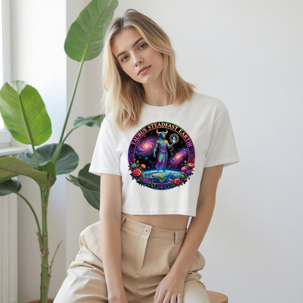 Taurus Steadfast Earth Women's Crop Top - Cosmic Bull, Galaxy & Floral Design - Image 9