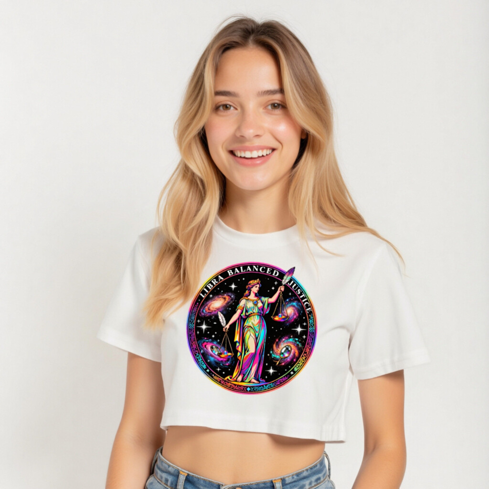 Women's Crop Top - Libra Balanced Justice Astrology Design, Rainbow Galaxy Goddess - Image 5