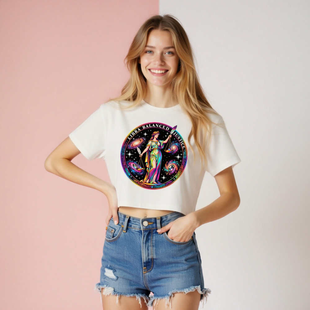 Women's Crop Top - Libra Balanced Justice Astrology Design, Rainbow Galaxy Goddess - Image 8