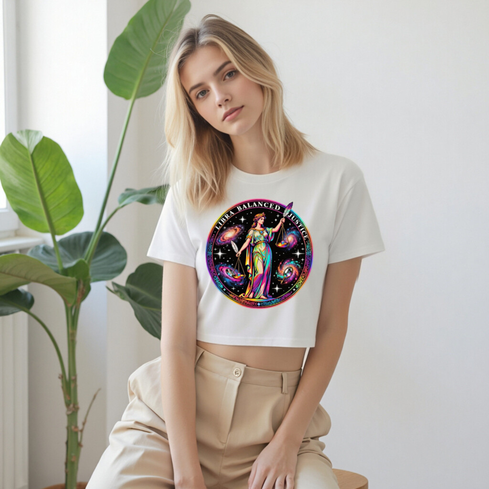 Women's Crop Top - Libra Balanced Justice Astrology Design, Rainbow Galaxy Goddess - Image 9