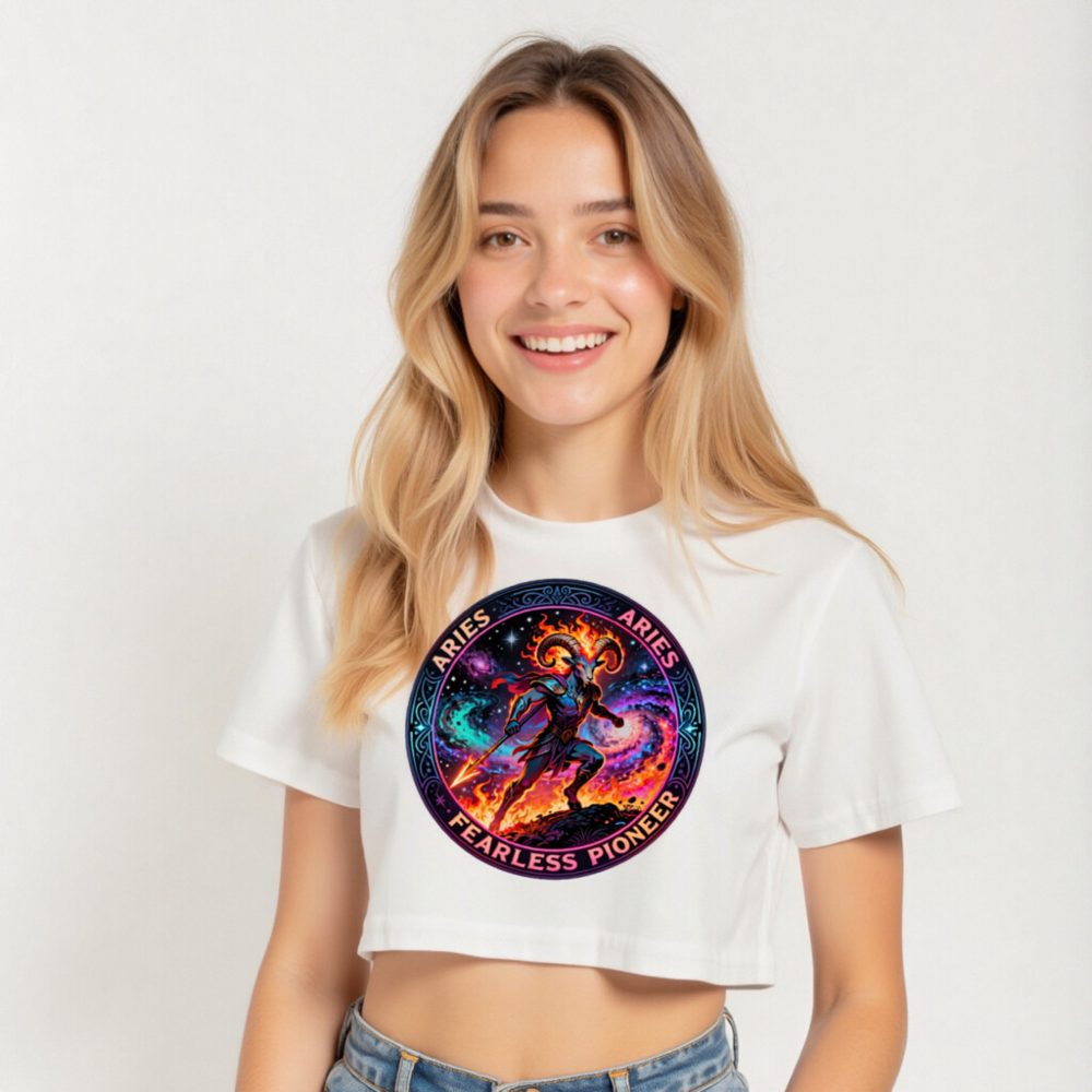 Aries Fearless Pioneer Women's Crop Top - Short Sleeve White Tee - Image 3