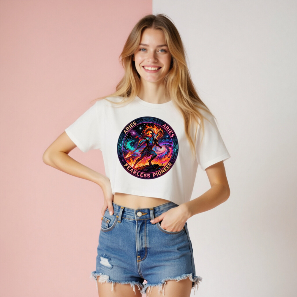 Aries Fearless Pioneer Women's Crop Top - Short Sleeve White Tee - Image 5