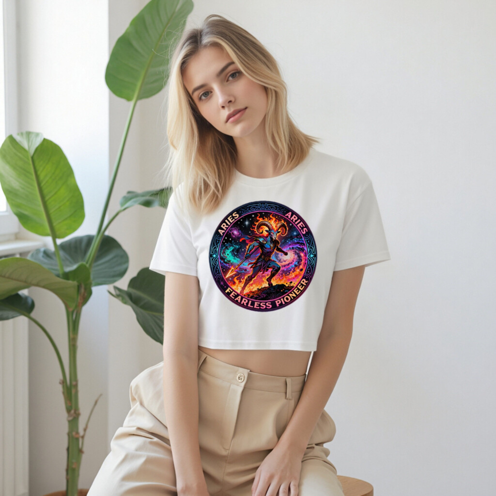 Aries Fearless Pioneer Women's Crop Top - Short Sleeve White Tee - Image 6