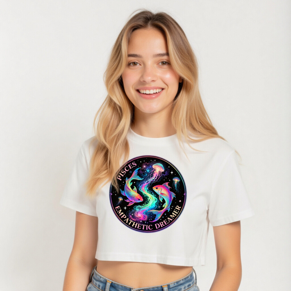 Women's Pisces Crop Top - Empathetic Dreamer Fish & Jellyfish Astrology Tee - Image 5