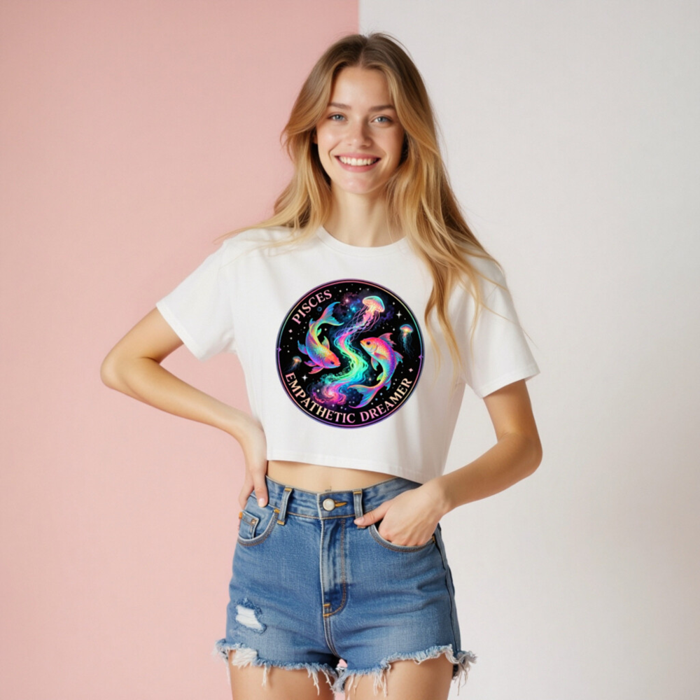 Women's Pisces Crop Top - Empathetic Dreamer Fish & Jellyfish Astrology Tee - Image 8