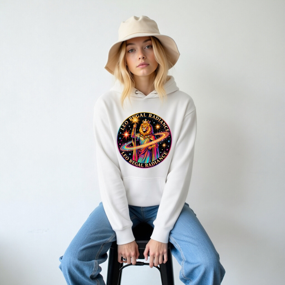 Leo Regal Radiance Unisex Premium Pullover Hoodie - Cosmic Lion King Design - Image 5