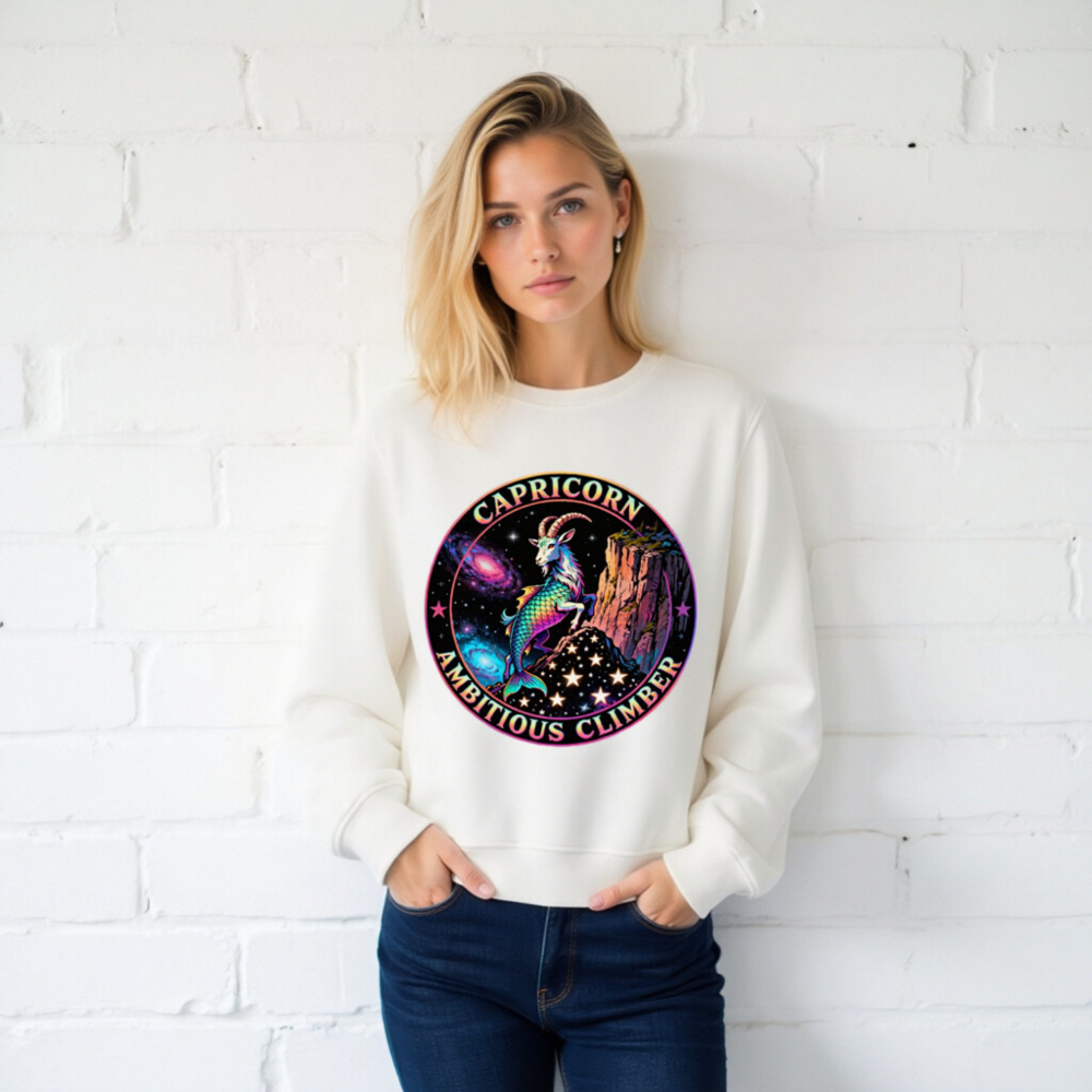 Capricorn Ambitious Climber Unisex Organic Sweatshirt - Rainbow Goat Cosmic Design - Image 2