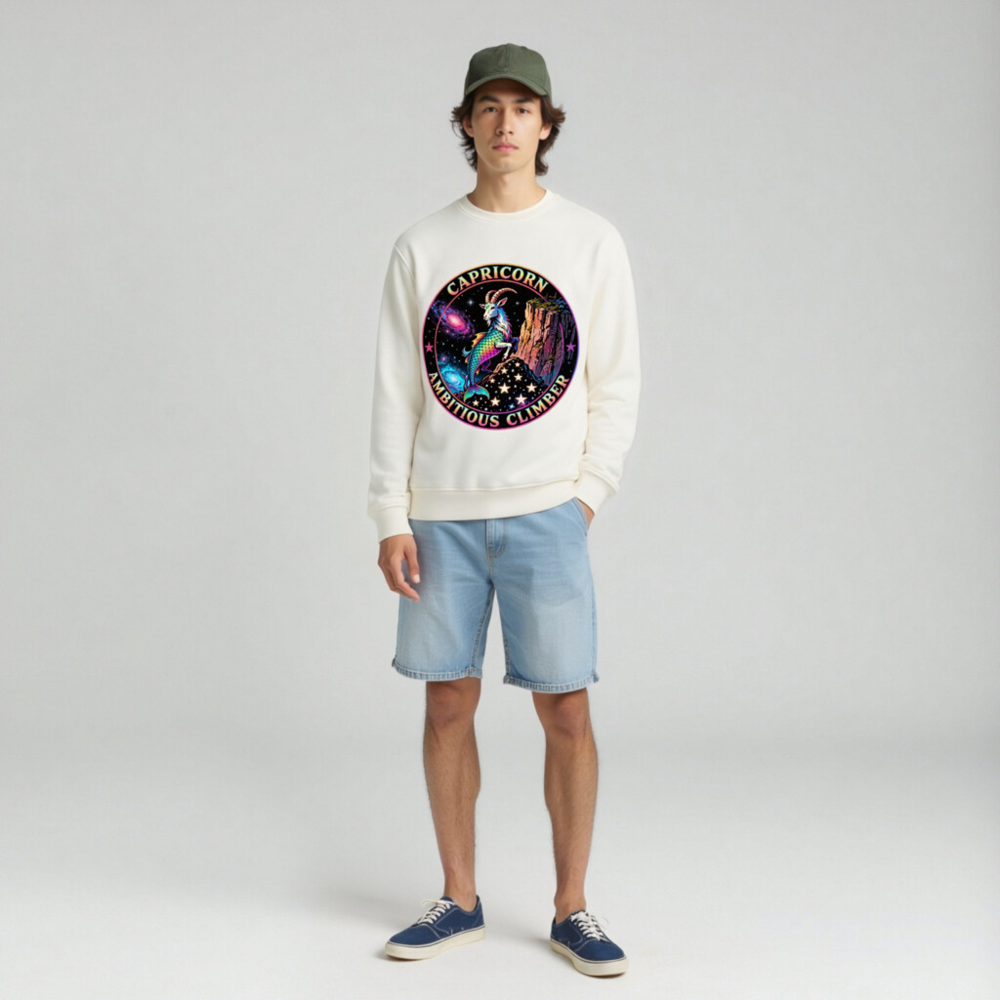 Capricorn Ambitious Climber Unisex Organic Sweatshirt - Rainbow Goat Cosmic Design - Image 3