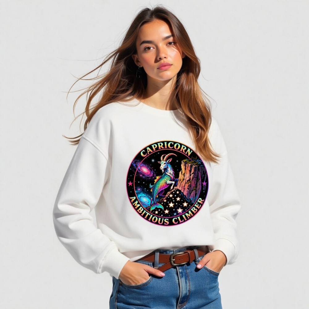 Capricorn Ambitious Climber Unisex Organic Sweatshirt - Rainbow Goat Cosmic Design - Image 4