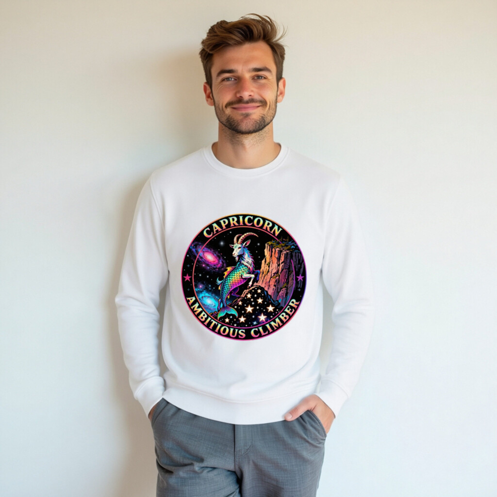 Capricorn Ambitious Climber Unisex Organic Sweatshirt - Rainbow Goat Cosmic Design - Image 5