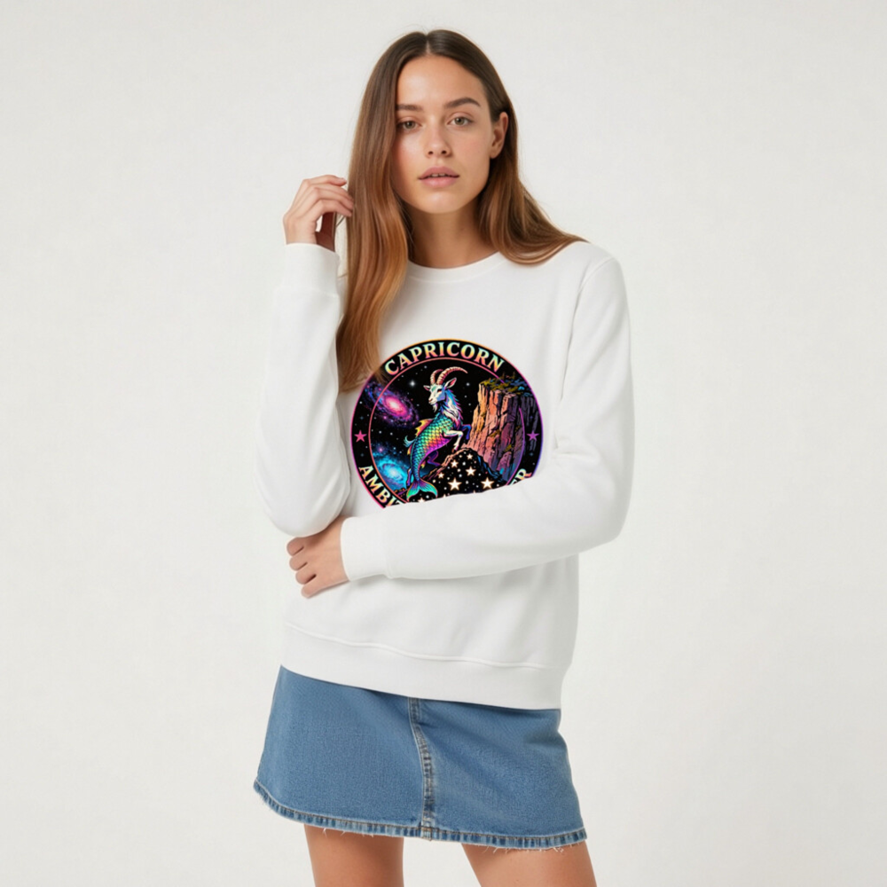 Capricorn Ambitious Climber Unisex Organic Sweatshirt - Rainbow Goat Cosmic Design - Image 6
