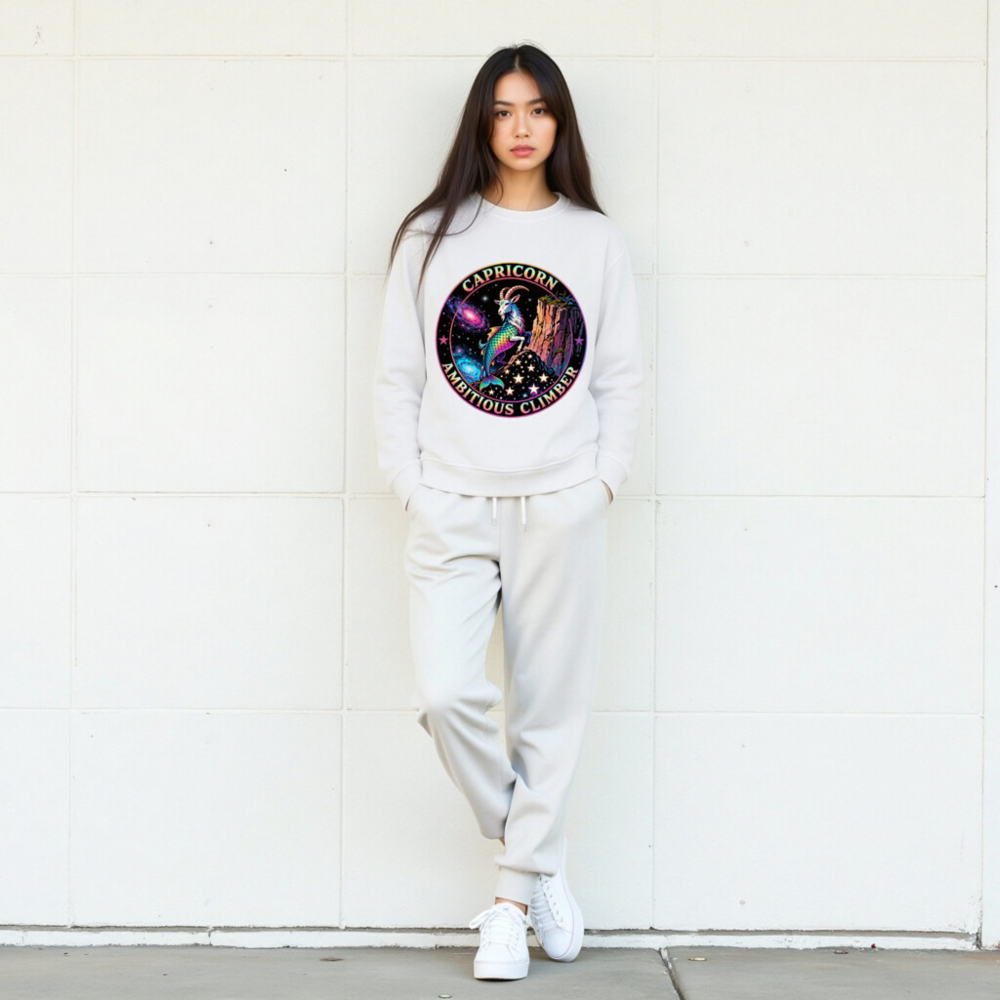 Capricorn Ambitious Climber Unisex Organic Sweatshirt - Rainbow Goat Cosmic Design - Image 7