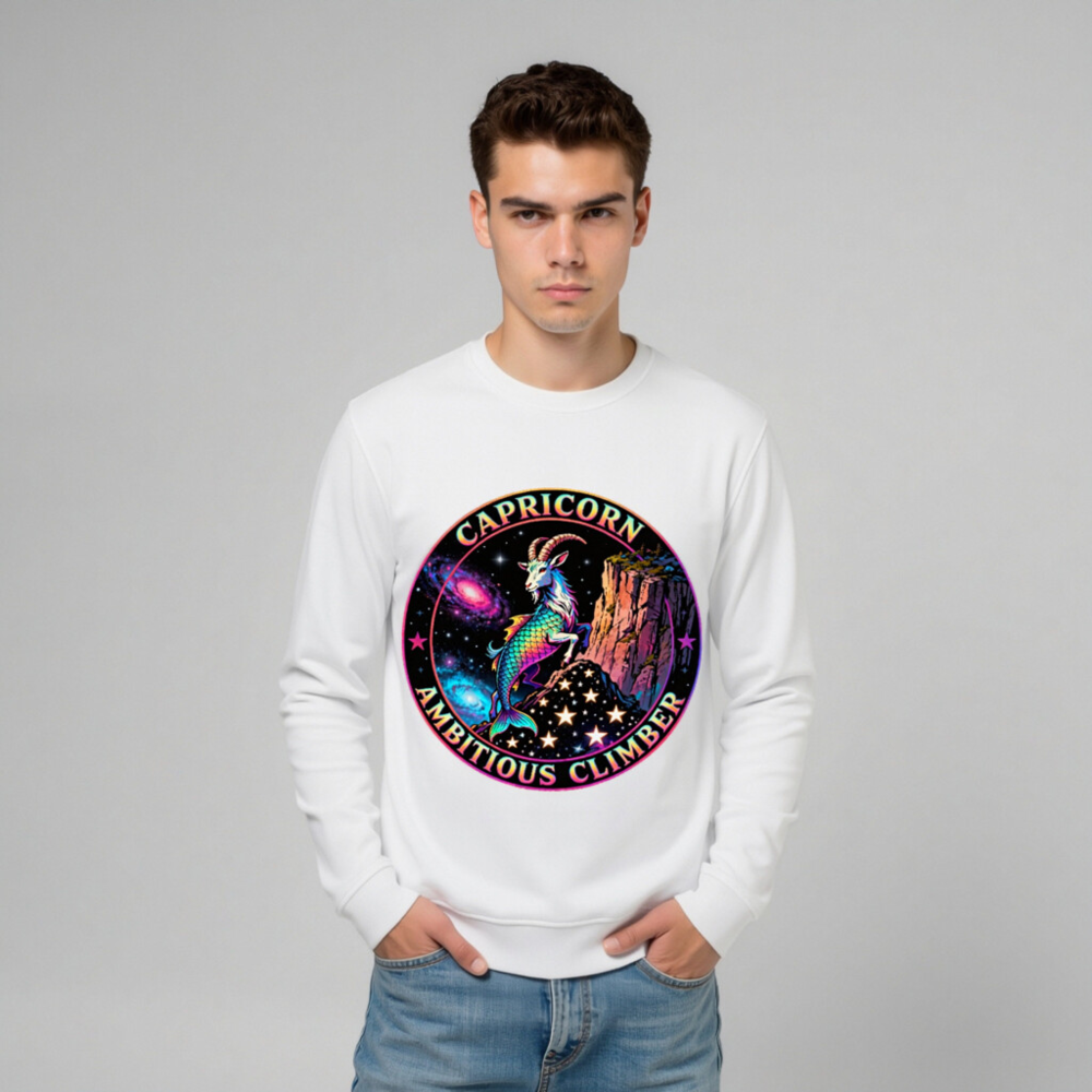 Capricorn Ambitious Climber Unisex Organic Sweatshirt - Rainbow Goat Cosmic Design - Image 8
