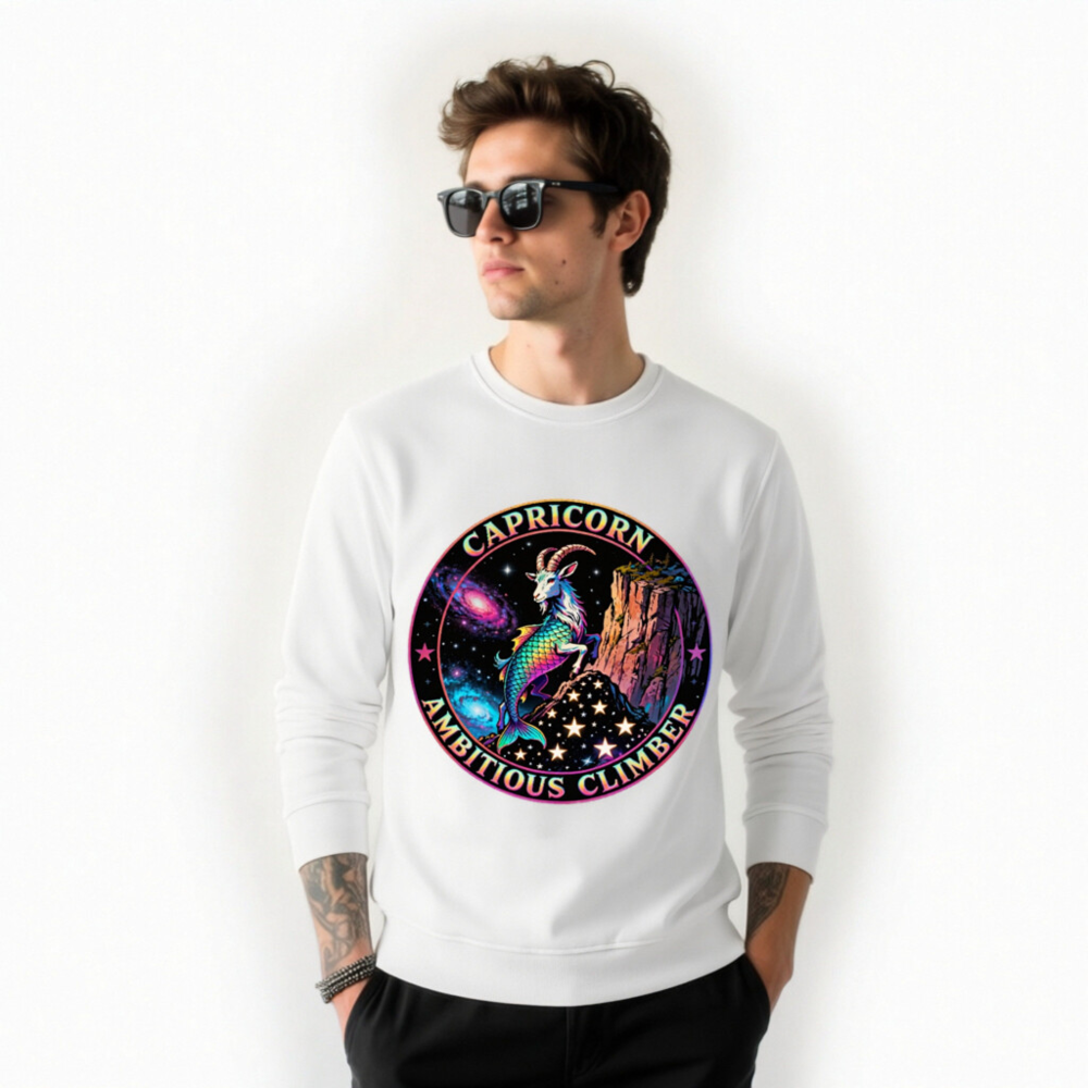 Capricorn Ambitious Climber Unisex Organic Sweatshirt - Rainbow Goat Cosmic Design - Image 9