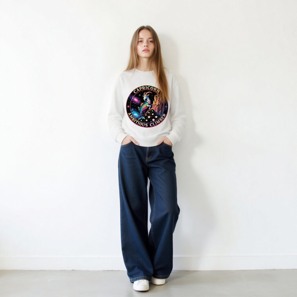 Capricorn Ambitious Climber Unisex Organic Sweatshirt - Rainbow Goat Cosmic Design - Image 10