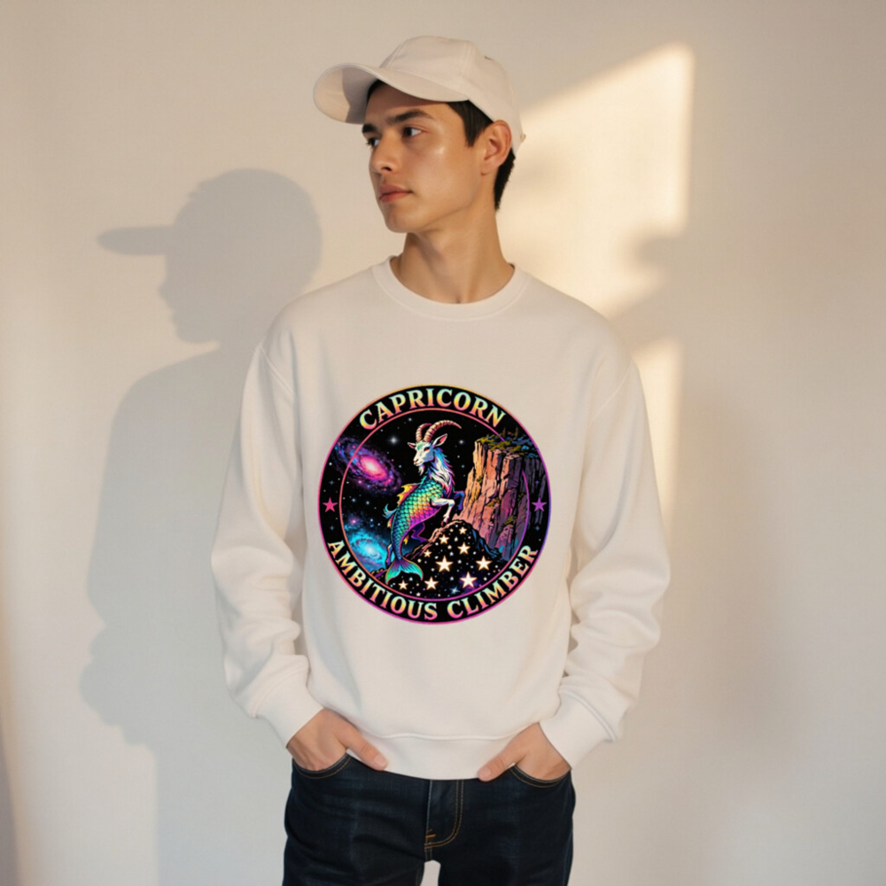 Capricorn Ambitious Climber Unisex Organic Sweatshirt - Rainbow Goat Cosmic Design - Image 11