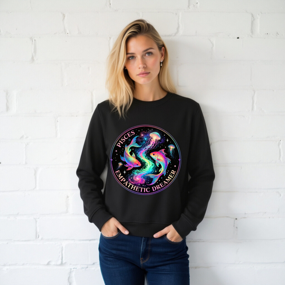 Unisex Organic Sweatshirt | Pisces Empathetic Dreamer - Rainbow Fish & Jellyfish Design - Image 2