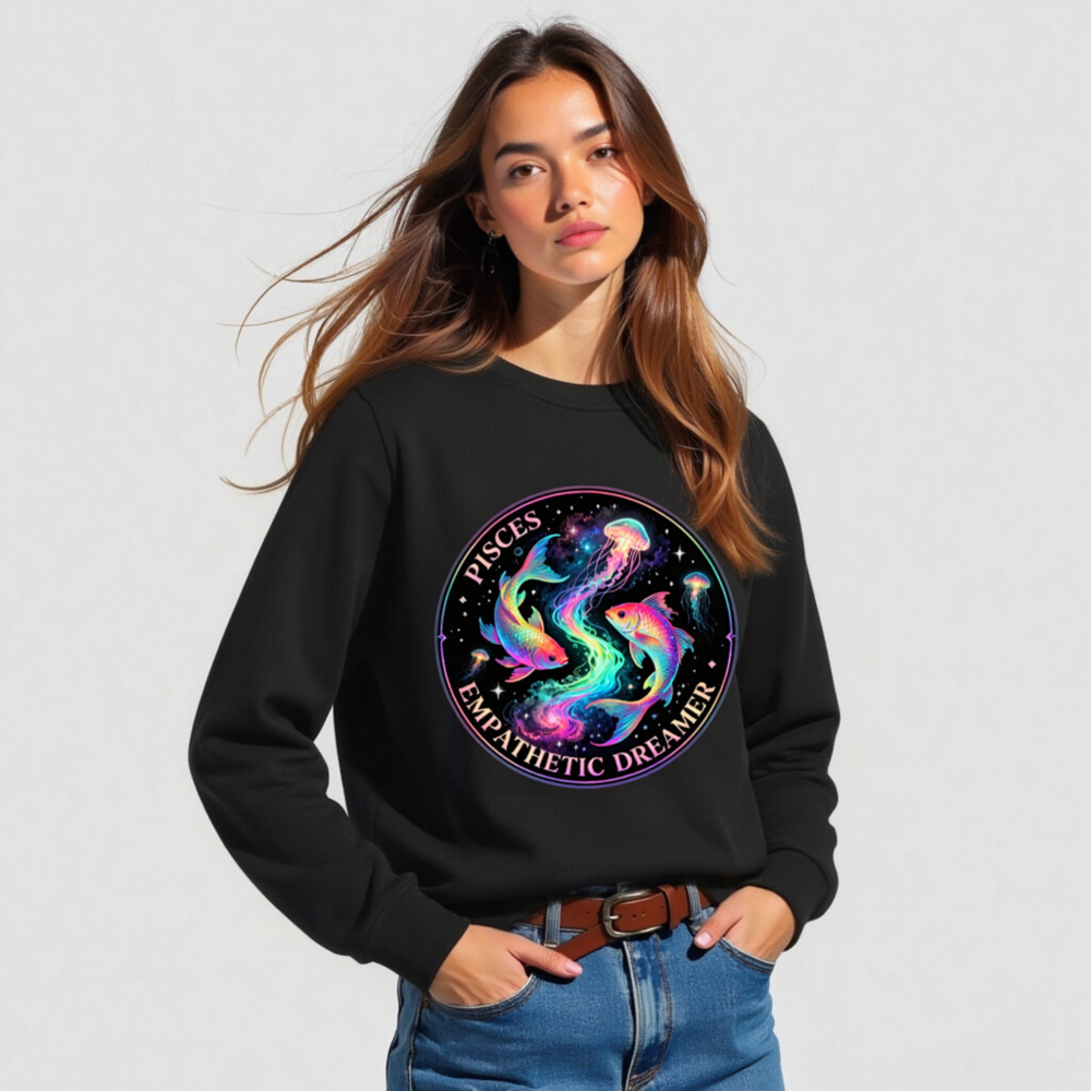 Unisex Organic Sweatshirt | Pisces Empathetic Dreamer - Rainbow Fish & Jellyfish Design - Image 4