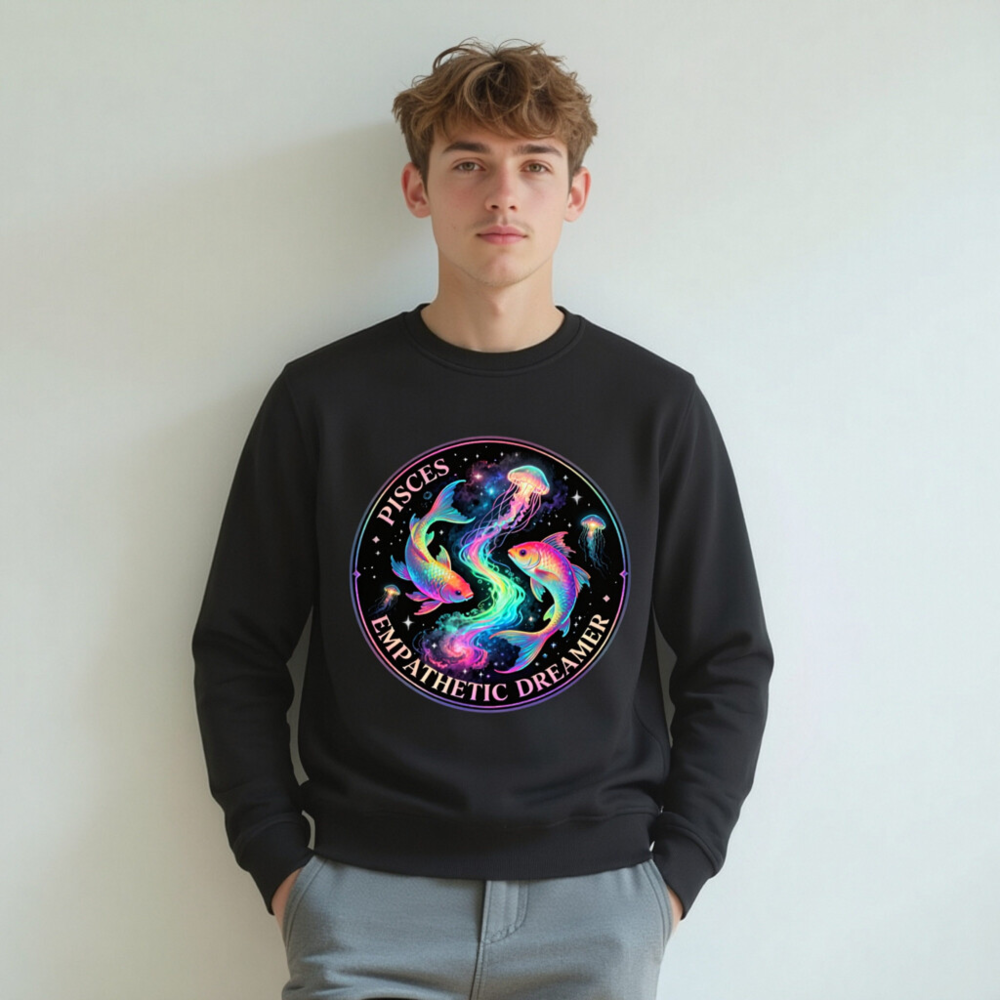 Unisex Organic Sweatshirt | Pisces Empathetic Dreamer - Rainbow Fish & Jellyfish Design - Image 5