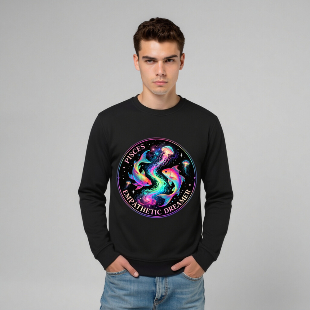 Unisex Organic Sweatshirt | Pisces Empathetic Dreamer - Rainbow Fish & Jellyfish Design - Image 7