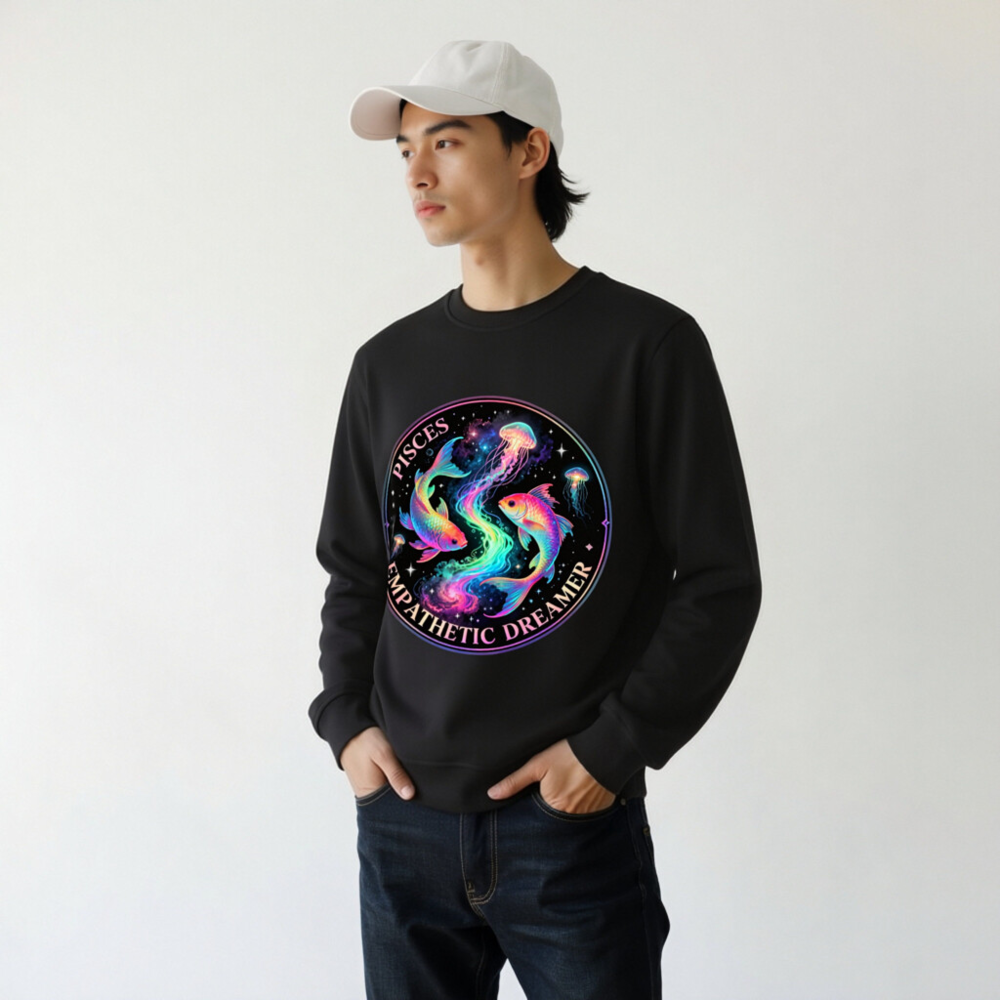 Unisex Organic Sweatshirt | Pisces Empathetic Dreamer - Rainbow Fish & Jellyfish Design - Image 9