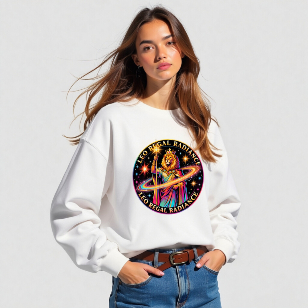 Leo Regal Radiance Unisex Crew Neck Sweatshirt - Cosmic Lion King Design - Image 4