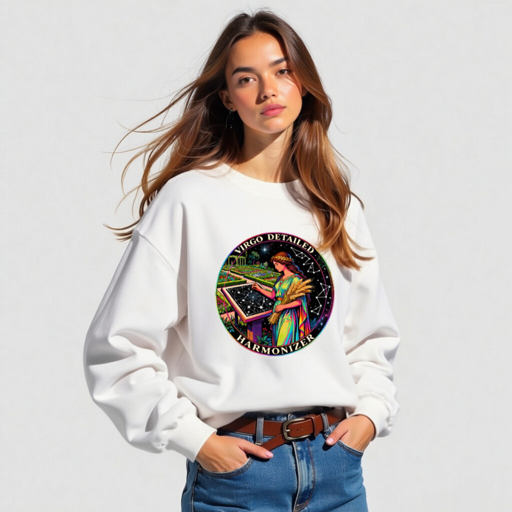 Virgo Detailed Harmonizer Unisex Crew Neck Sweatshirt - Rainbow Goddess Garden Design - Image 4