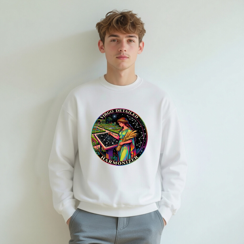 Virgo Detailed Harmonizer Unisex Crew Neck Sweatshirt - Rainbow Goddess Garden Design - Image 5