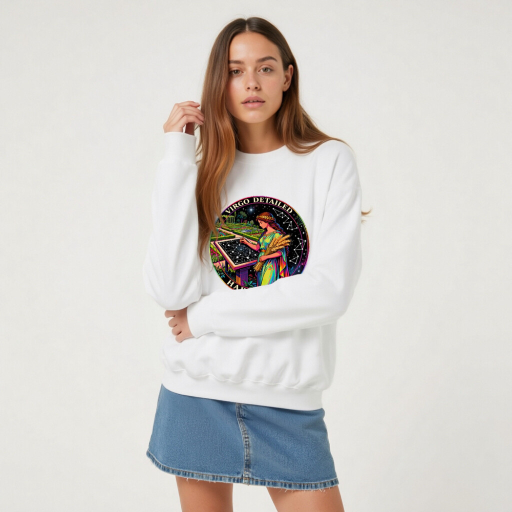 Virgo Detailed Harmonizer Unisex Crew Neck Sweatshirt - Rainbow Goddess Garden Design - Image 6