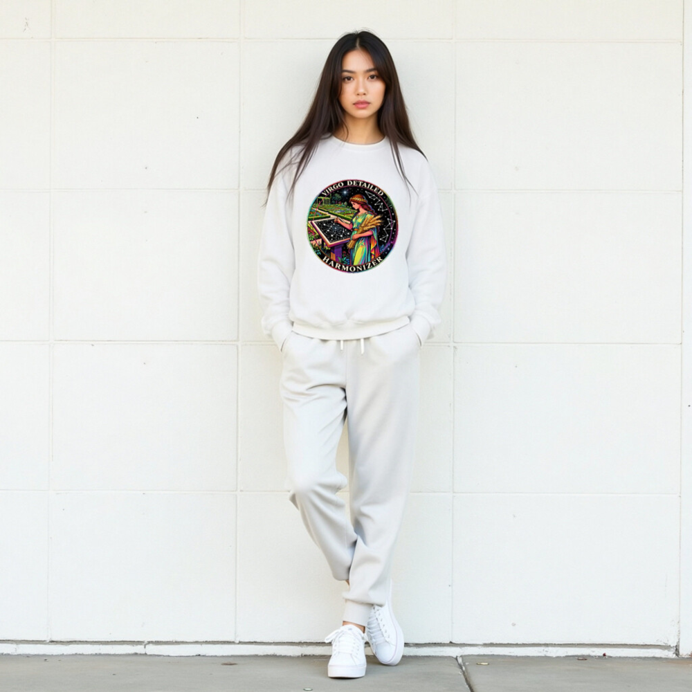 Virgo Detailed Harmonizer Unisex Crew Neck Sweatshirt - Rainbow Goddess Garden Design - Image 7