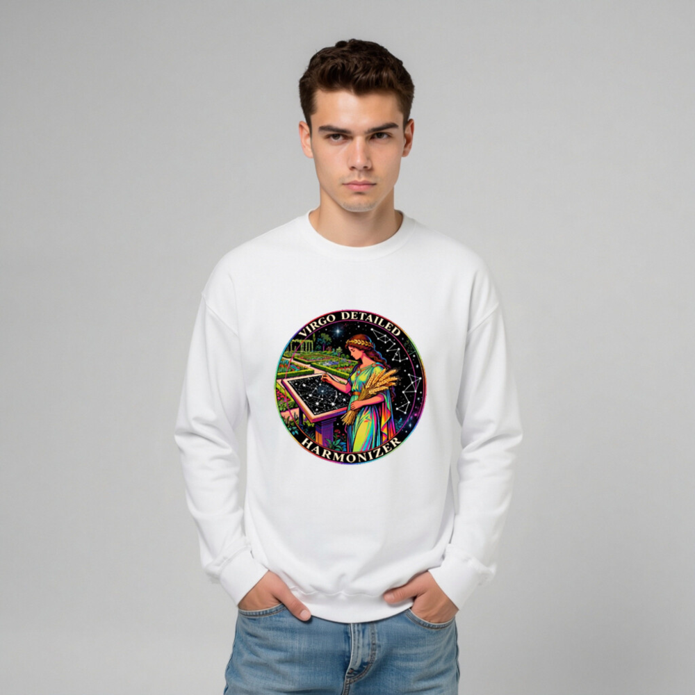 Virgo Detailed Harmonizer Unisex Crew Neck Sweatshirt - Rainbow Goddess Garden Design - Image 8