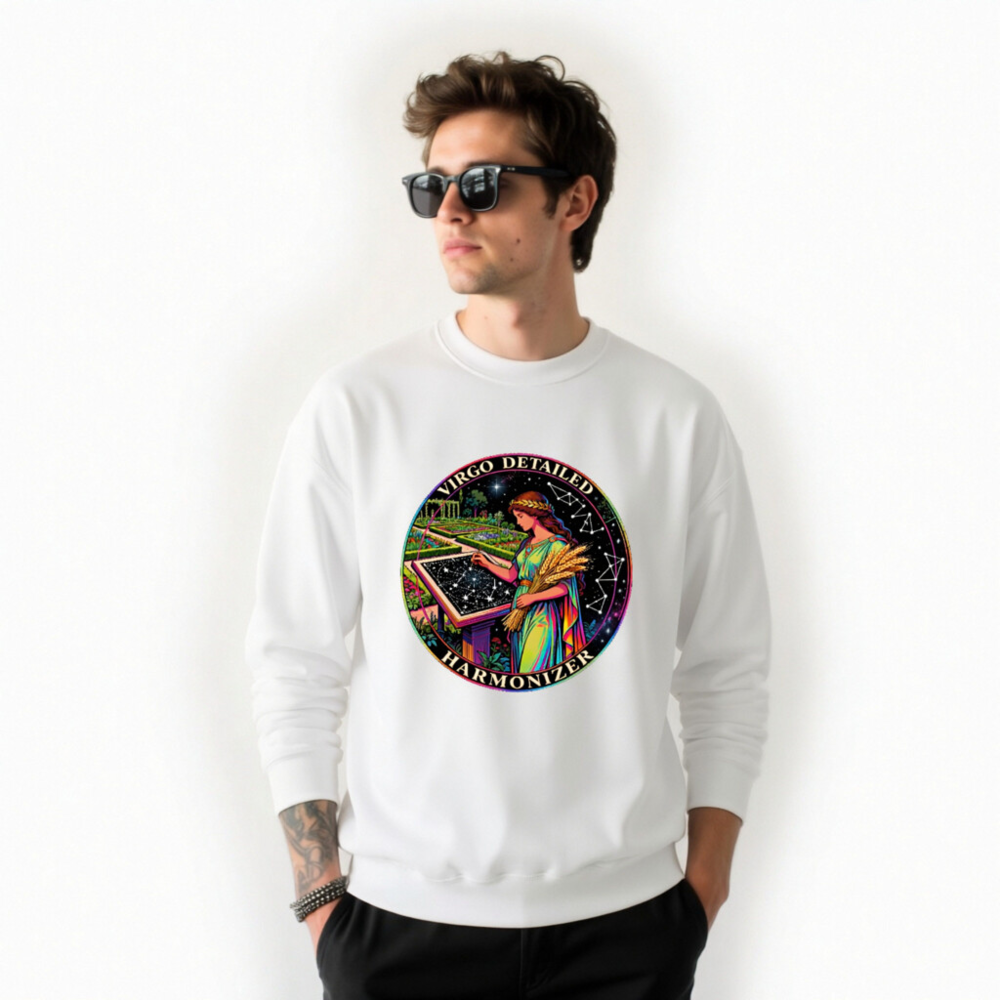 Virgo Detailed Harmonizer Unisex Crew Neck Sweatshirt - Rainbow Goddess Garden Design - Image 9
