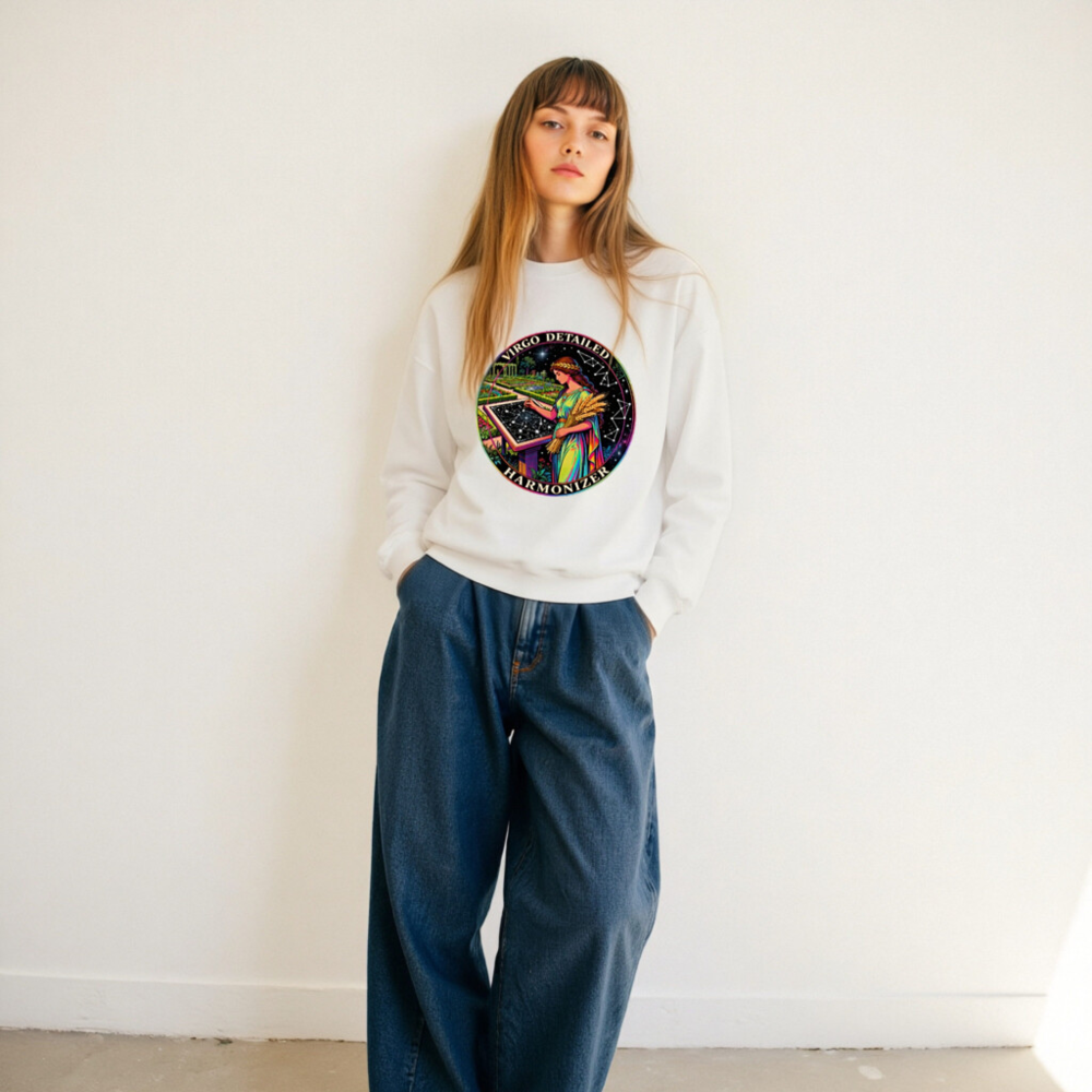 Virgo Detailed Harmonizer Unisex Crew Neck Sweatshirt - Rainbow Goddess Garden Design - Image 11