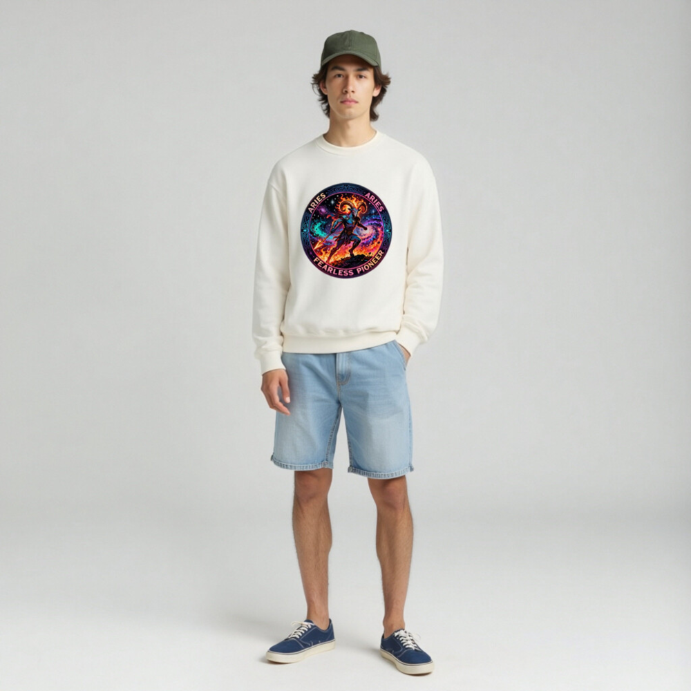 Aries Fearless Pioneer Unisex Crew Neck Sweatshirt | Cosmic Ram Warrior Design - Image 2