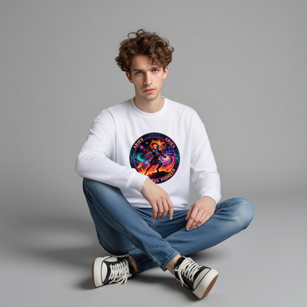 Aries Fearless Pioneer Unisex Crew Neck Sweatshirt | Cosmic Ram Warrior Design - Image 3