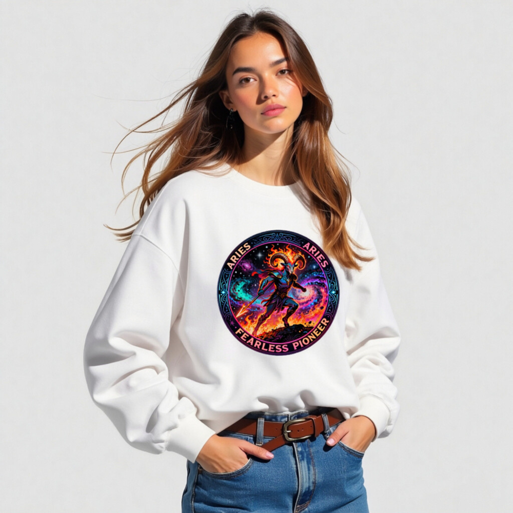 Aries Fearless Pioneer Unisex Crew Neck Sweatshirt | Cosmic Ram Warrior Design - Image 4