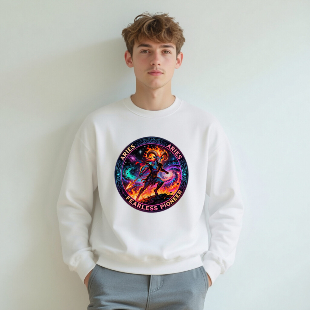 Aries Fearless Pioneer Unisex Crew Neck Sweatshirt | Cosmic Ram Warrior Design - Image 5