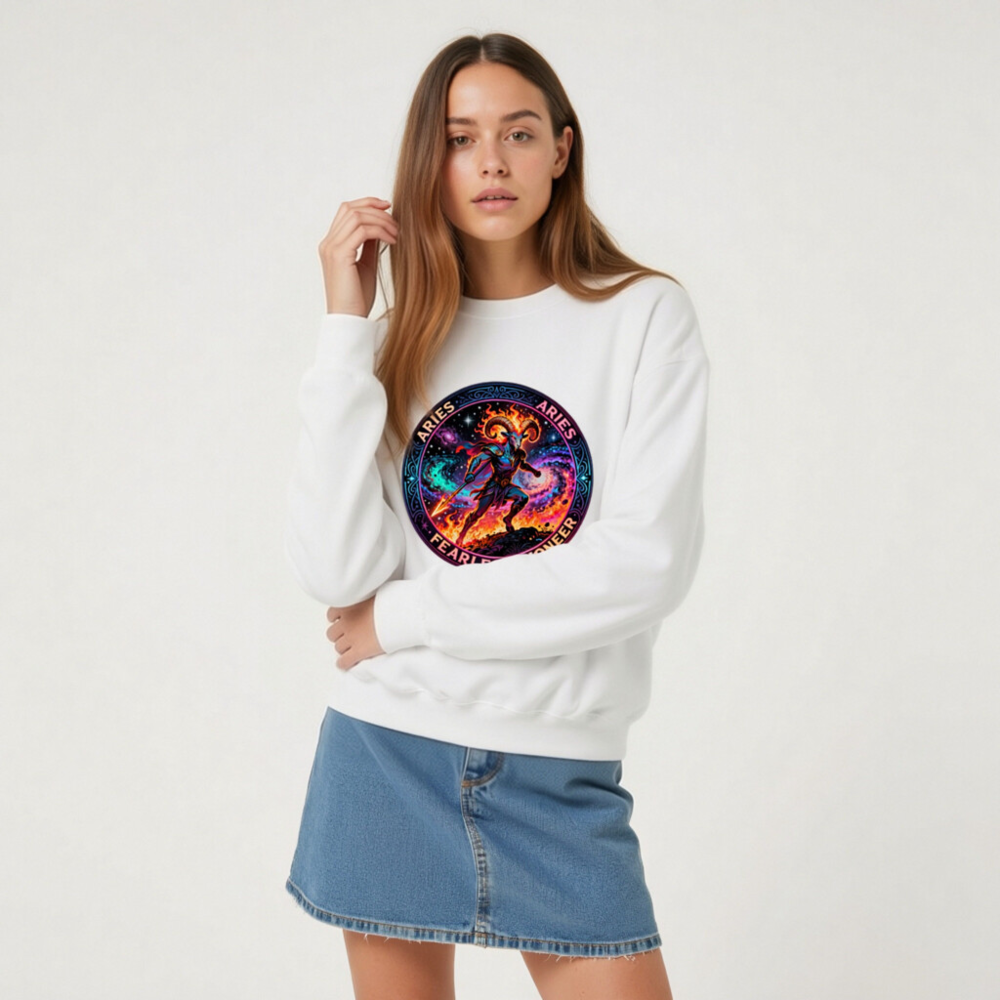 Aries Fearless Pioneer Unisex Crew Neck Sweatshirt | Cosmic Ram Warrior Design - Image 6