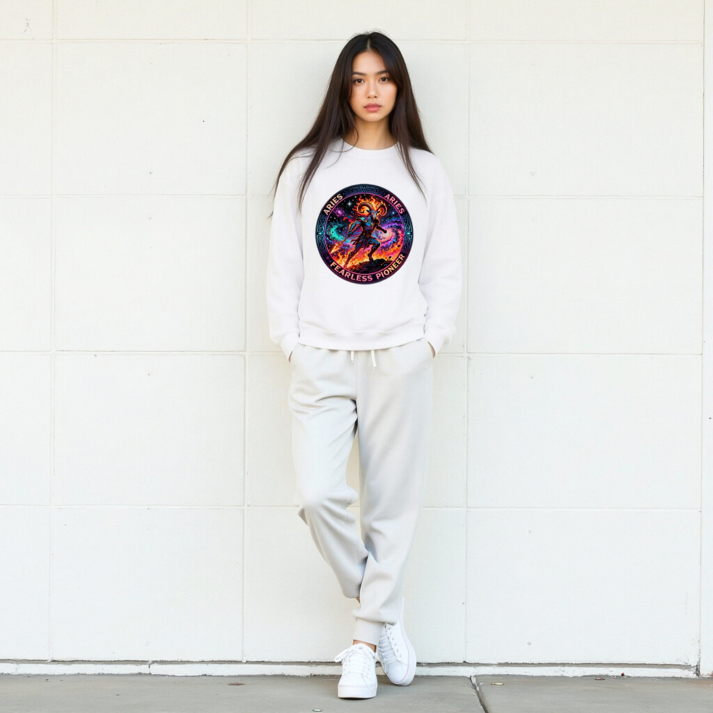 Aries Fearless Pioneer Unisex Crew Neck Sweatshirt | Cosmic Ram Warrior Design - Image 7