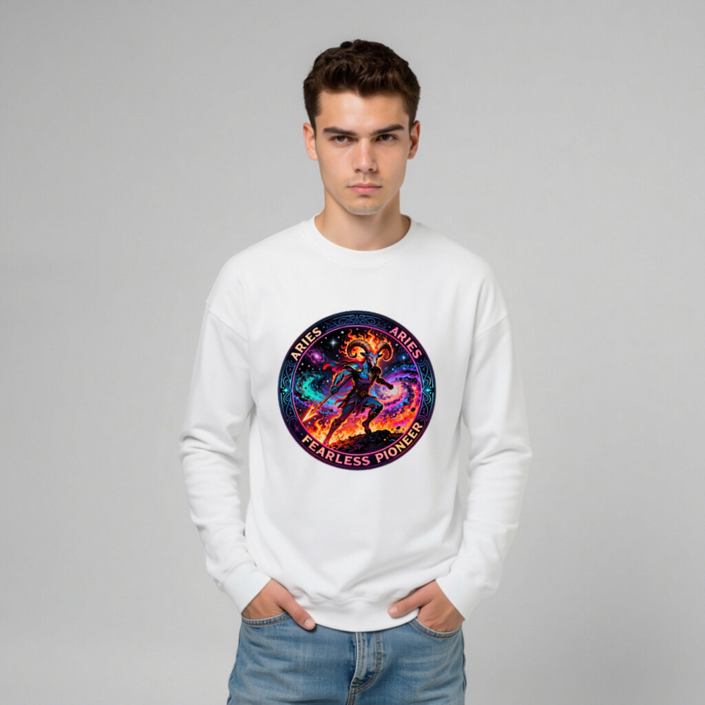 Aries Fearless Pioneer Unisex Crew Neck Sweatshirt | Cosmic Ram Warrior Design - Image 8
