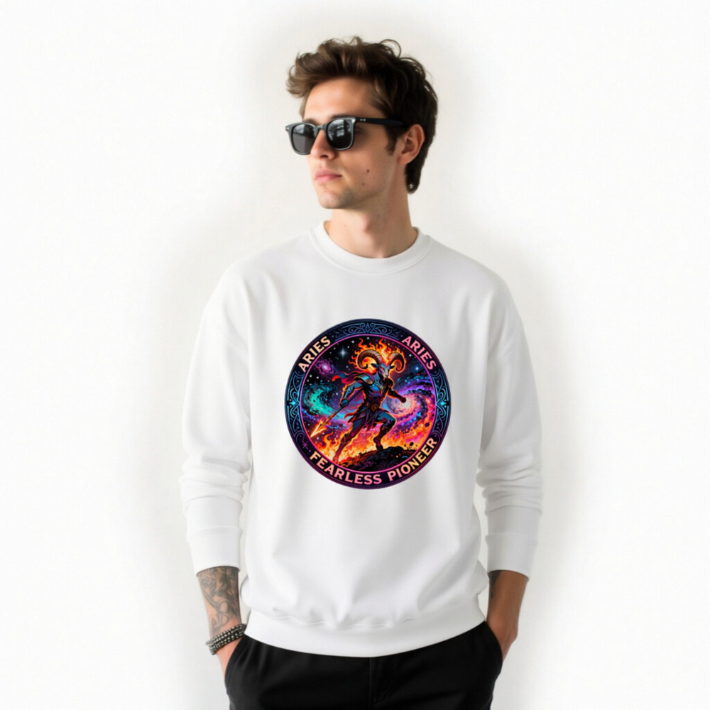 Aries Fearless Pioneer Unisex Crew Neck Sweatshirt | Cosmic Ram Warrior Design - Image 9