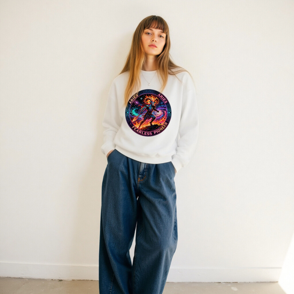 Aries Fearless Pioneer Unisex Crew Neck Sweatshirt | Cosmic Ram Warrior Design - Image 11