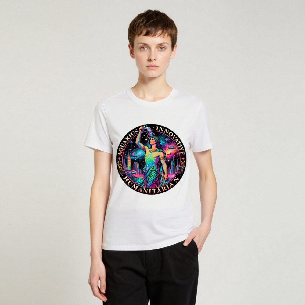 Unisex Organic Cotton T-Shirt - Aquarius Zodiac Design: Innovative Humanitarian, Rainbow Mermaid Cosmic Art - Image 2
