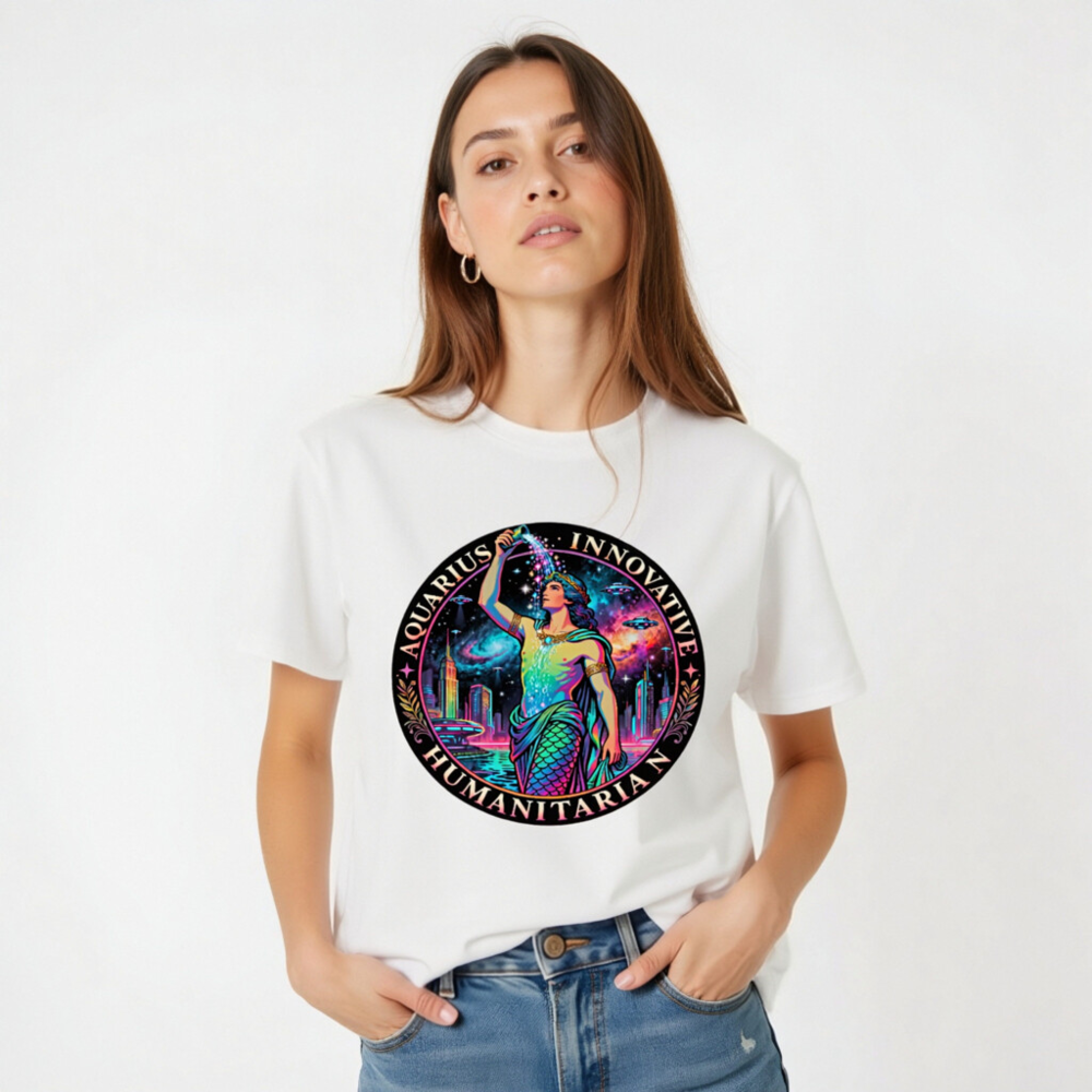 Unisex Organic Cotton T-Shirt - Aquarius Zodiac Design: Innovative Humanitarian, Rainbow Mermaid Cosmic Art - Image 3