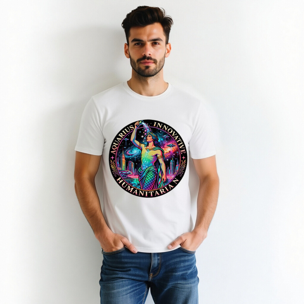 Unisex Organic Cotton T-Shirt - Aquarius Zodiac Design: Innovative Humanitarian, Rainbow Mermaid Cosmic Art - Image 4