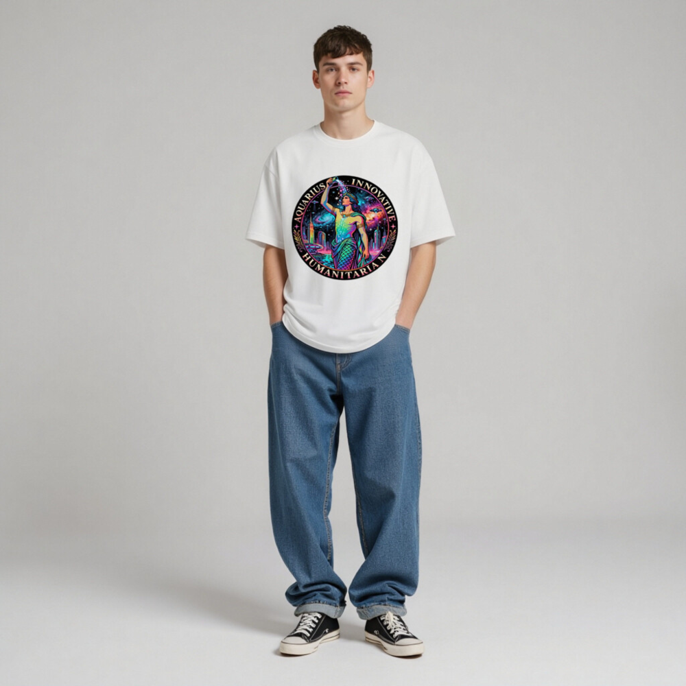 Unisex Organic Cotton T-Shirt - Aquarius Zodiac Design: Innovative Humanitarian, Rainbow Mermaid Cosmic Art - Image 5