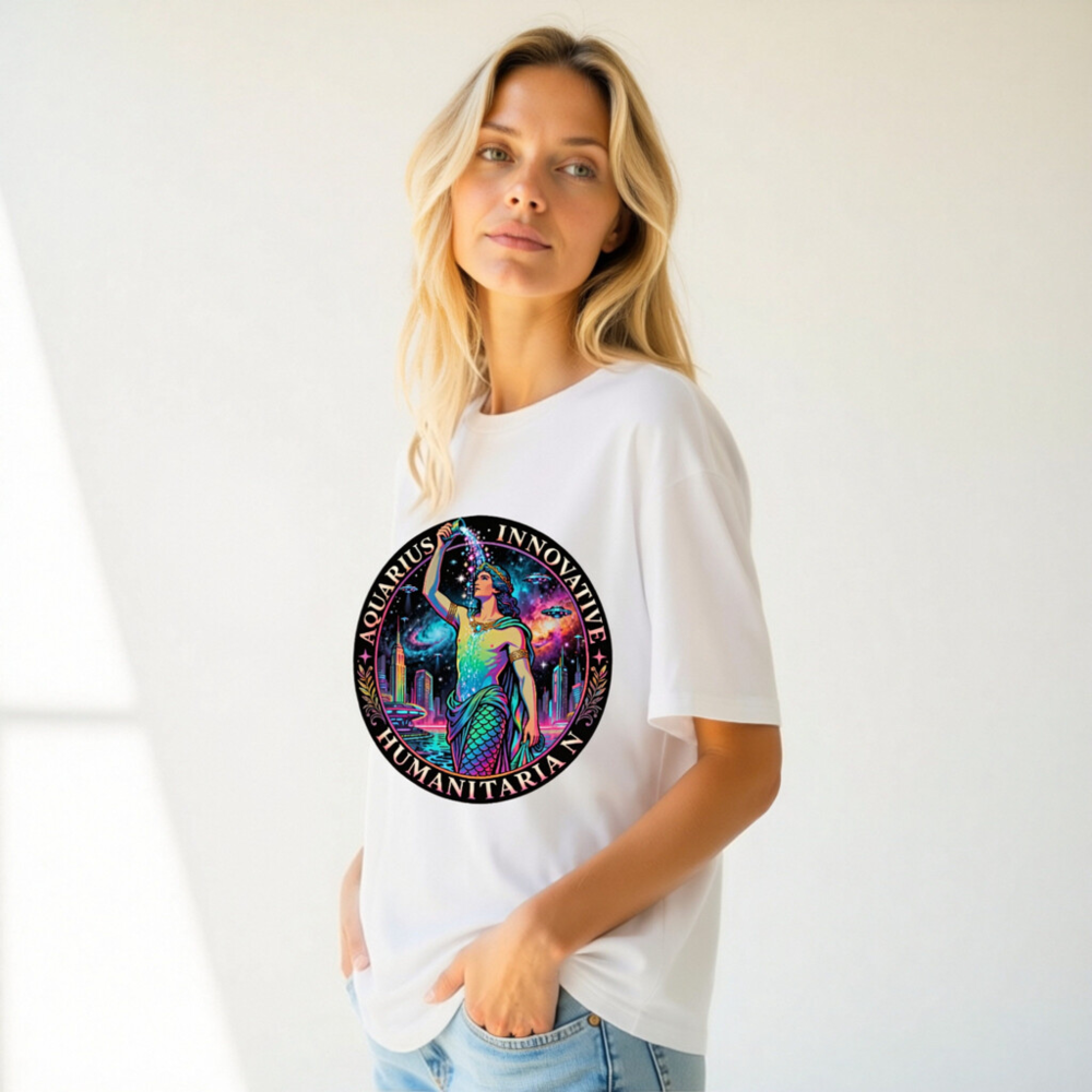 Unisex Organic Cotton T-Shirt - Aquarius Zodiac Design: Innovative Humanitarian, Rainbow Mermaid Cosmic Art - Image 6